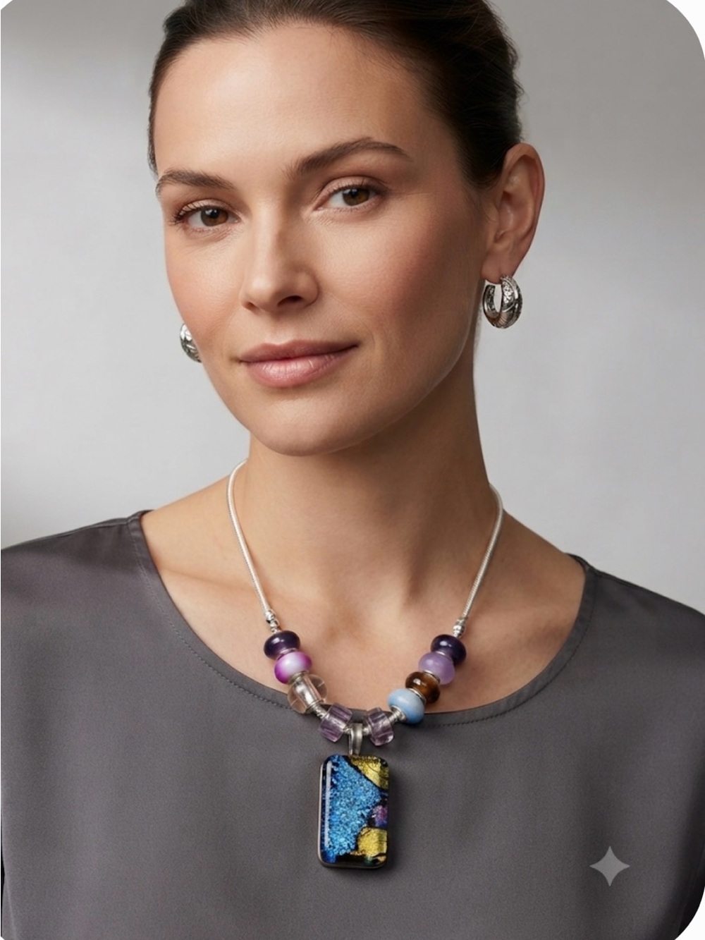 Dichroic Glass Pendant Necklace with Purple & Blue Accent Beads on 925 necklace